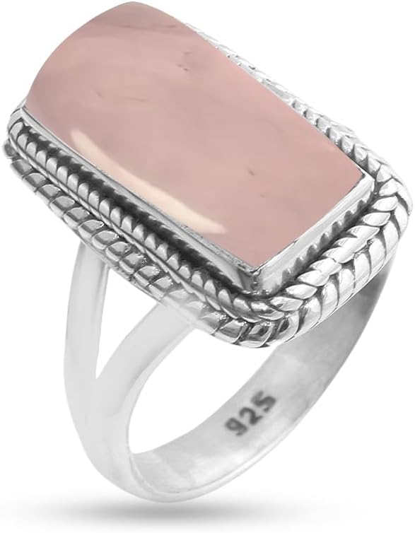 Solid 925 Sterling Silver Ring For Women, Gemstone Ring, Silver Statement Ring, June Birthstone, Bezel Set Rectangle White Gemstone Hypoallergenic Art Deco Ring Christmas Gift