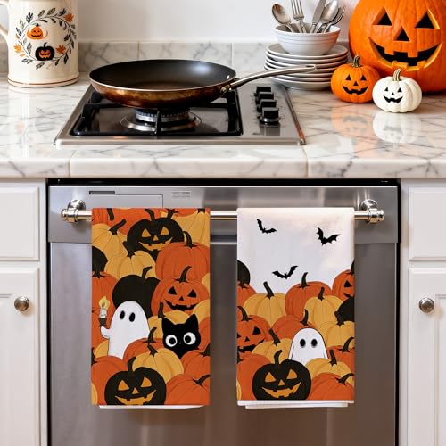 Image of Hexagram Halloween Kitchen Towels, Ghost Cat Halloween Hand Towels | Black Dish Towel, Ghost Bathroom Decor, Pumpkin Decor, Sets of 2, 18 inchx28 inch, Cat Lover Gifts