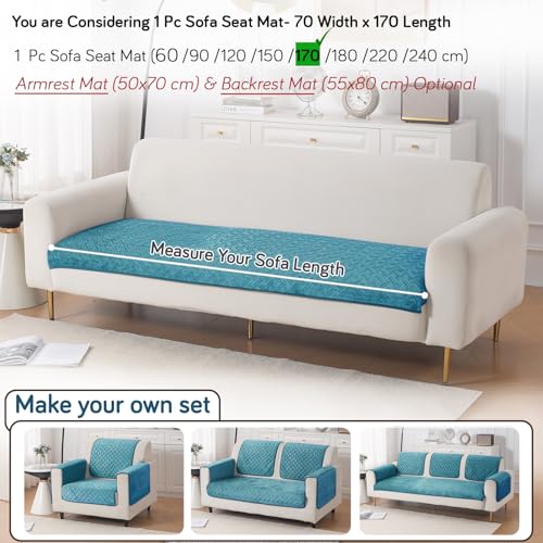 Image of HOKIPO Premium Velvety Quilted Anti-Slip Sofa Cover Mats for L-Shape & 1 /2 /3 Seater Sofa | Make Your Own Sofa Cover Set, 'Softline Quilted Series' 70(W) x 170(L) cm | Teal Blue (AR-6317-BL)