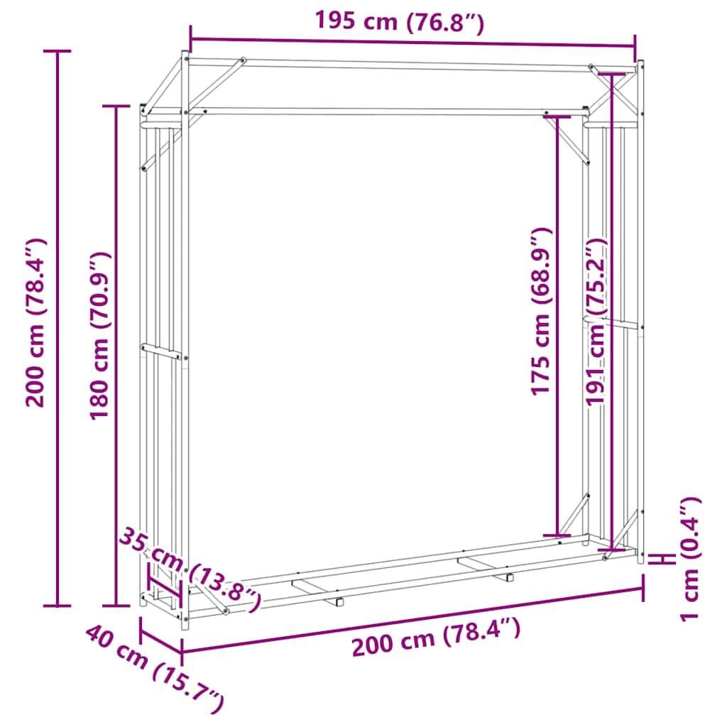 vidaXL Leñero con Protector de Lluvia 200x40x200 cm Acero galvanizado, Almacenamiento de leña, Soporte para leña para Chimenea, Almacenamiento de leña para Interior