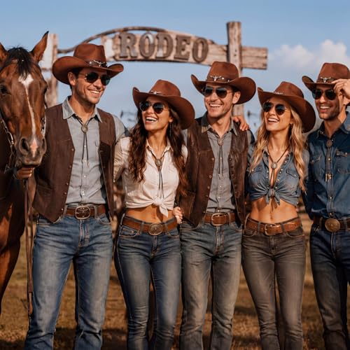 Image of Mepase 18 Pcs Cowboy Hat with Bolo Tie Sunglasses Rodeo Western Costume Accessories for Men Women Cosplay Halloween Party