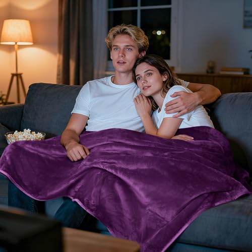 Image of LOOBANI Waterproof Blanket for Bed: Reversible Soft Flannel Queen Bed Blanket 80 inch x 90 inch, Waterproof Dog Blankets for Large Dogs, Spill-Proof Cover for Furniture Protection, Movie Time, Purple