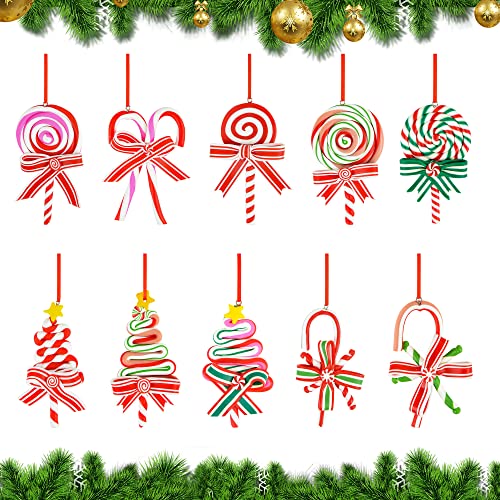 10 Pieces Christmas Candy Ornament Polymer Clay Lollipop Tree Hanging With Rope Xmas Sweet Red Green Candy Cane Pendant For Xmas Party Supplies Home Decoration #TOP18