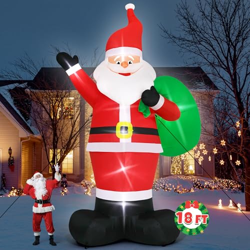 18FT Christmas Inflatable Santa with Gift Bag Extra Large Outdoor Christmas Decorations with LED Lights Waterproof Santa Claus Blow Up for Yard Garden Holiday Party (18H x 13W x 6D ft)