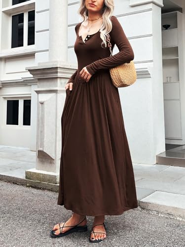 Image of Mieazom Long Sleeves Maxi Dress for Women A Line 2025 V Neck Casual Button Boho Tshirt Long Dress with Pockets