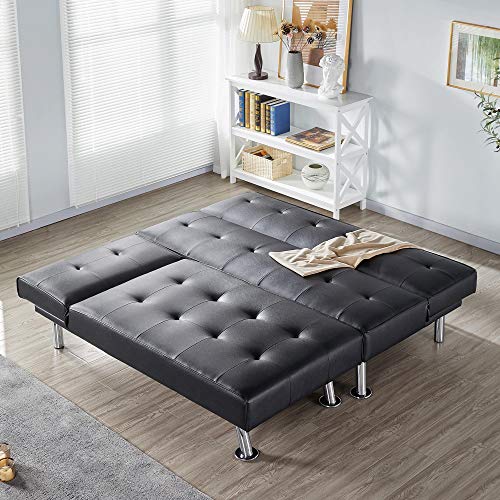 Topeakmart Sectional Sofa Couch Bed Convertible L-Shaped Faux Leather Couch Foldable Futon Sofa Sleeper With Reversible Chaise Lounge For Living Room Black #TOP4