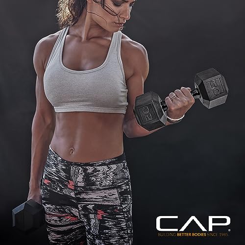 CAP 150 LB Rubber Coated Hex Dumbbell Hand Weight Set with Vertical Storage Rack | Black Handle