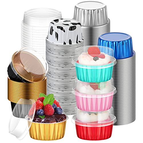 120 Pcs Aluminum Foil Baking Cups Mini Cake Pans with Lids 5 oz Cupcake Liners Disposable Muffin Tins Wrappers Baking Foil Ramekins Pans Aluminum Cupcake Cups for Birthday Party(Multicolor)