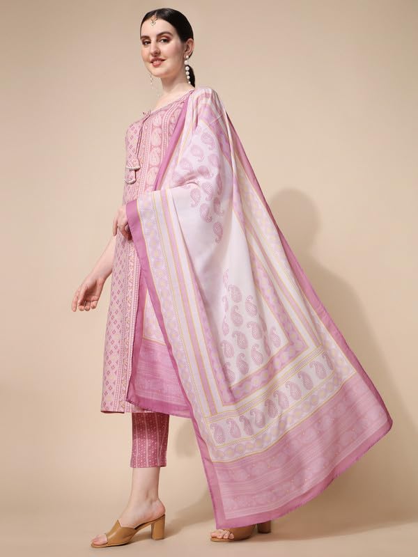 Image of NAINVISH Cotton Blend Kurti Pant & Dupatta | Kurta Set for Women | Women Kurta Pant Dupatta Set | Pink Kurta Set for Women | Printed Kurta Pant Dupatta Set