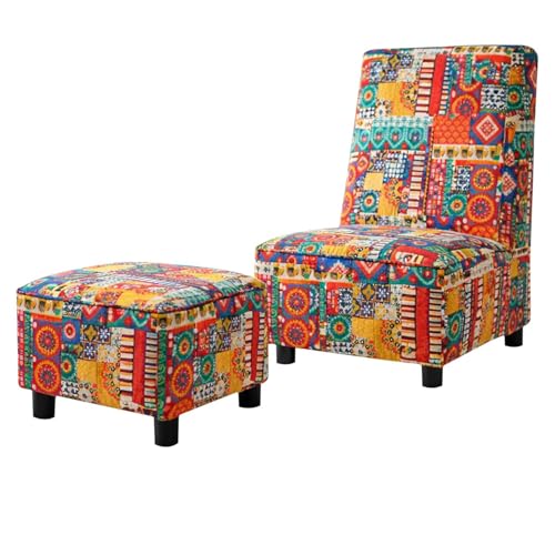 Image of Rosebell 1 Seater Wooden Sofa Set with Ottoman | Multicolor Printed Fabric Sofa | Comfortable Living Room & Office Sofa Set