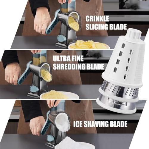 Image of KEOUKE Rotary Cheese Grater Pro 6 in 1 - Shredder Crinkle Slicer Grinder Ice Shaver, Stable Suction, Time-saving Easy Use & Clean, Safe Morden Kitchen Tool for Cheese, Vegetable, Nuts, Chocolate