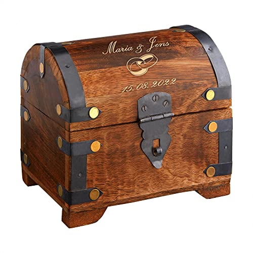 Casa Vivente Schatztruhe mit Gravur zur Hochzeit, Motiv Ringe, Personalisiert mit Namen und Datum, Schmuckkästchen aus dunklem Holz, Maße: 14 x 11 x 13 cm