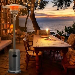 Happygrill patio heater 48000 btu outdoor propane heater with wheels reflective cover triple over protection portable stainless steel patio heater for outdoor use garden grey  urban country home decor