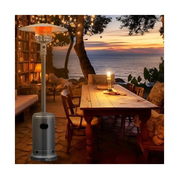 Happygrill patio heater 48000 btu outdoor propane heater with wheels reflective cover triple over protection portable stainless steel patio heater for outdoor use garden grey  urban country home decor