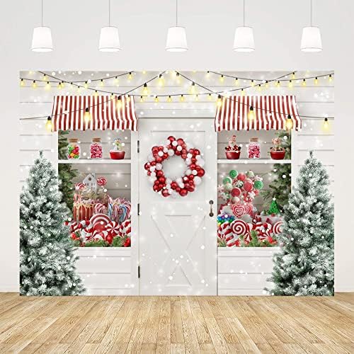 Ticuenicoa 7x5ft Candy Shop Window Christmas Backdrops for Photography Winter Windows and Door Xmas Tree Sock Gift Decorations for Family Portrait Photo Background Baby Shower Photobooth Props