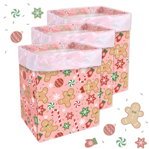 FYSUIMU 3 Pack Christmas Disposable Trash Cans Pink Gingerbread Man Snowflake Candy Cane Portable Cardboard Garbage Bin with 15 White Trash Bags for Home Kitchen Winter Xmas Party