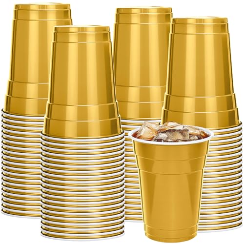 Mimorou 200 Pack Plastic Cups Bulk for Halloween Fall Christmas Party 16 oz Disposable Cups Stackable Plastic Beverage Drinking Tumblers for Wedding Birthday Bachelor Baby Shower Picnics Party(Gold)