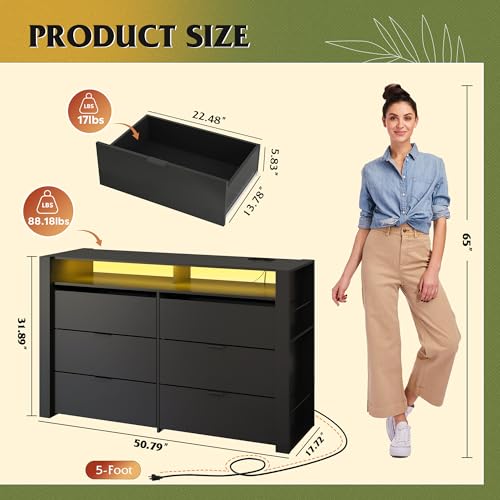 Image of WLIVE 6 Drawer Led Dresser for Bedroom, 51 inch Black Wood Dresser Storage Organizer with Charging Station for 55 inch TV, Dressers with Open Shelves, Hanging Rack, Chest of Drawers for Closet, Living Room