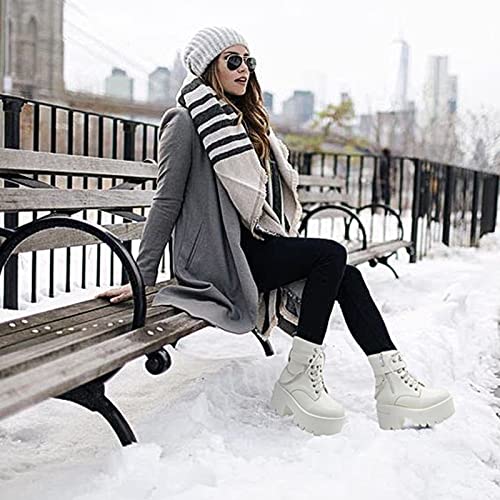 CYNLLIO Fashion Block Heel Platform Combat Ankle Booties Women's Lace up Studded Motorcycle Boots Mid Calf Boots2