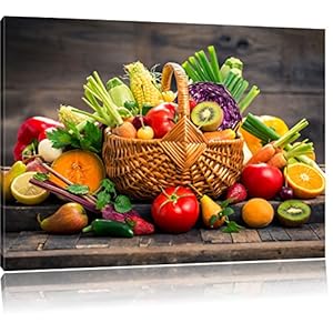 Verse groenten en fruit in de mand Foto Canvas | Maat: 120×80 cm | Wanddecoraties | Kunstdruk | Volledig gemonteerd