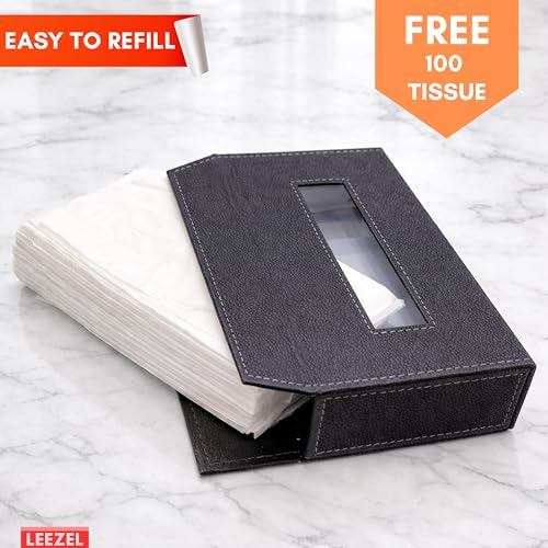 Image of LEEZEL| Tissue Box Holder with 100 Pulls Cotton Rags Tissue | Handcrafted Fine Leather - Like Finish | for Gifting, Office Desks, Cars & Home Decor | Durable & Water Resistant. (Dark Grey)