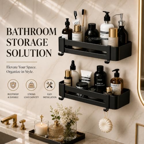 Image of Hallstatt Pack of 2 Aluminum Bathroom Shelf with Removable Hooks, Wall Mounted Bathroom Organizer Shelves Storage Rack Holder Stand for Bathroom Accessories Set with Drill Installation - Black