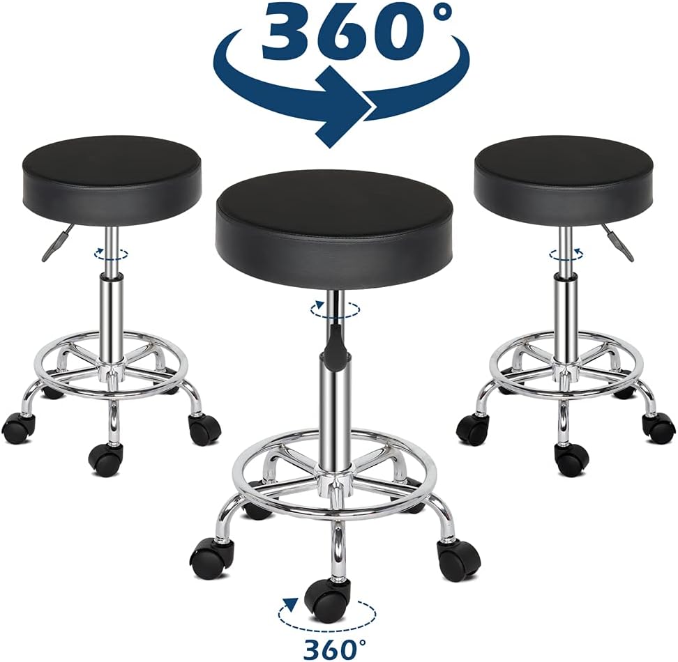 Round Rolling Bar Stool PU Leather with Wheels and Foot Rest, Height Adjustable Task Work Drafting Chair with Back for Salon Spa Tattoo Facial Medical Office Chairs (Black1)