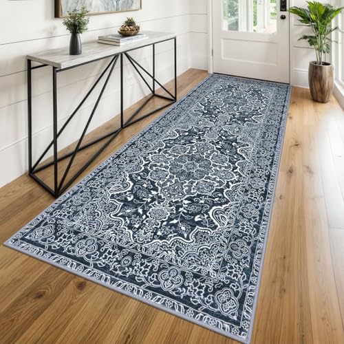 KUTA Washable Kitchen Runner 3x8, Non Skid Washable 8 ft Navy Blue Runners, Printed Vintage Distressed Floral Area Rugs Ultra Soft Carpet for Bedroom Living Room