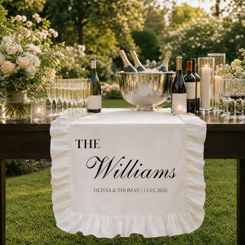 Image of Personalized Wedding Table Runner with Ruffled Edges, Custom Sweetheart Table Decor Banner, Custom Wedding Welcome Sign for Table, Mr & Mrs Canvas Banner, Customized Table Runner with Name
