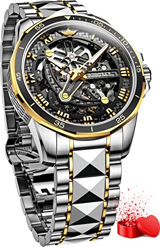 Image of OLEVS Mens Watches Skeleton Mechanical Black Watches for Men Wrist Watches Automatic Luxury Tungsten Steel Sapphire Crystal Waterproof Luminous Gold and Black