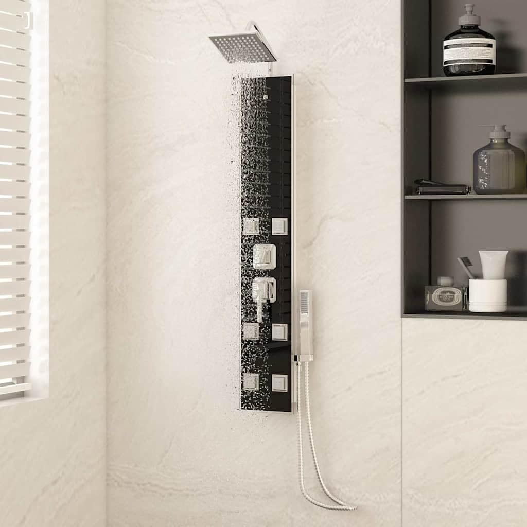 Duschpaneel Glas 18x45,5x130 cm Schwarz Edelstahl Badewanne Duschkopf Handbrause Wasserstrahl Massagefunktion Ersatzdusche Anschluss Adapter Halterung