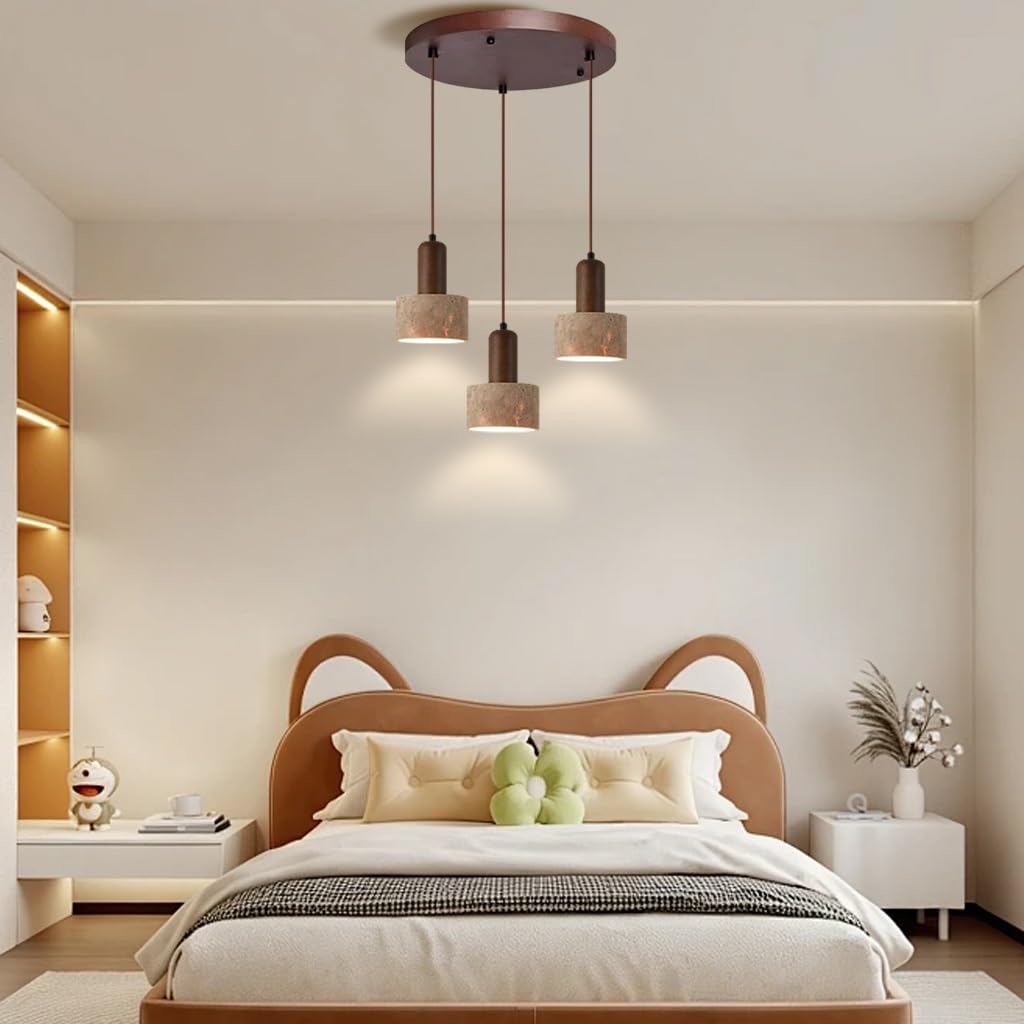 Lampa Wisząca E27 Z Naturalnego Kamienia W Stylu Skandynawskim Lampa Wisząca W Stylu Retro Z Drewna Stylu Japońskim Wabi-sabi Nadaje Się Do Sypialni Salonu Jadalni Wyspy Kuchennej(D2)