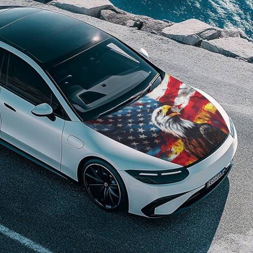 Image of American Flag Eagle Print Car Hood Cover Protector Waterproof Sunproof Car Hood Wrap Blankets Patriotic Decorations Automotive Exterior Accessories for Sedans SUV Pickup Trucks