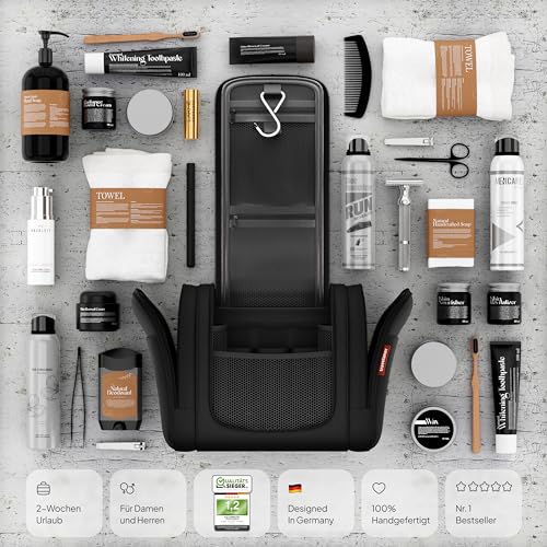 Travelaner Kulturbeutel zum Aufhängen für Damen, Herren und Kinder, 7 Liter Stauraum, 3-in-1 Kulturtasche, Kosmetiktasche für Reise, Waschtasche, Waschbeutel, Wasserabweisend, Schwarz