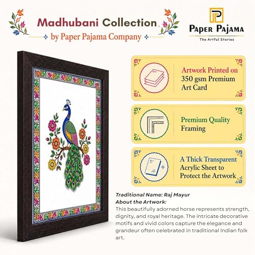 Image of PAPER PAJAMA Peacock Wall Art for Living Room | Madhubani Peacock Bird Painting | Traditional Mithila Folk Art Framed Decor for Home, Bedroom & Office (10x13 Inches)