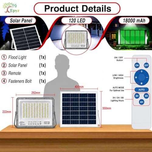 Image of Epyz 200 Watt Solar Flood Light Outdoor Waterproof Aluminium Body with Remote for Home Garden Wall Compound Entrance Automatic LED Lamp [ Pack of 1, Cold White Light ] [ 18000mAh, 120LED ]
