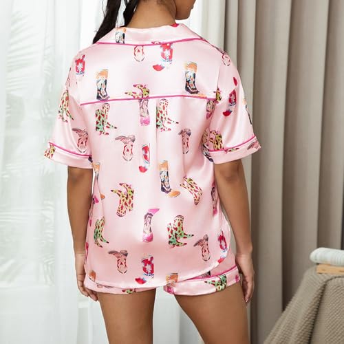 Image of Yiulangde Cowboys Boot Pajamas for Women Y2k 2 Piece Heart Bow Preppy Pjs Coquette Short Sleeve Shirts Matching Pj Shorts Set