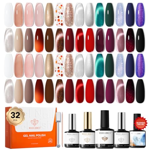 Image of modelones 32 PCS Gel Nail Polish Kit, 28 Colors Gel Polish with Blooming Gel, Base Coat, Glossy & Matte Top Coat Cat Eye Jelly Glitter Chameleon Soak Off LED Nail Art Kit Salon at Home