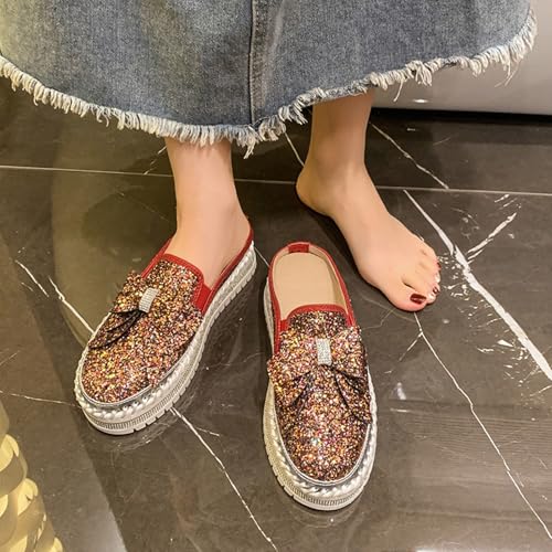 Women Sparkly Rhinestone Slip On Flats Bowknot Thicken Bottom Flats Round Toe Stitch Platform Fashion Casual Shoes3