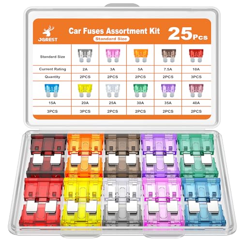 JOREST 25Pcs Fusibles Coche Kit - 12v Mediano Pequeños Fusible Coche -Automóvil Fusible para Coche/Caravanas/Furgoneta/Moto(2A 3A 5A 7.5A 10A 15A 20A 25A 30A 35A 40A)