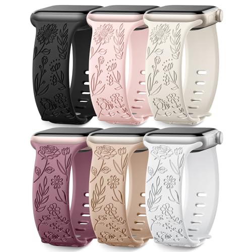 Image of SNBLK 6 Pack Floral Engraved Bands Compatible with Apple Watch Bands 40mm 41mm 42mm 38mm 44mm 45mm 46mm 49mm Women Men, Silicone Flower Pattern Strap for iWatch Series 11 10 Se Ultra 9 8 7 6 5 4 3 2 1