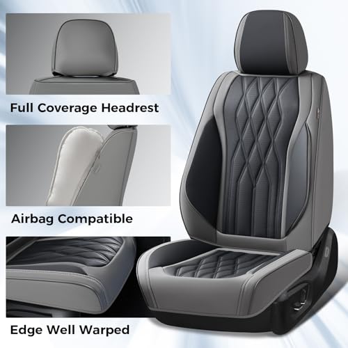 Image of Coverado Front Seat Covers, Car Seat Protector, Waterproof Nappa Leather Cushion, Fit for Most Sedans SUV Pick-up Truck-Gray&Black