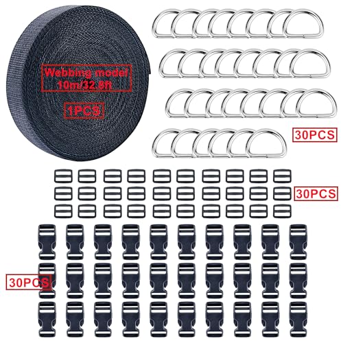 HUAZIZ 30 Stück Steckverschluss für 15 mm Gurtband, Adjustable Side Release Plastic Buckles, 30 Stück Metall D Ring Schnalle 15mm für Paracord Armbänder Hunde-Halsband Rucksacke Schwarz