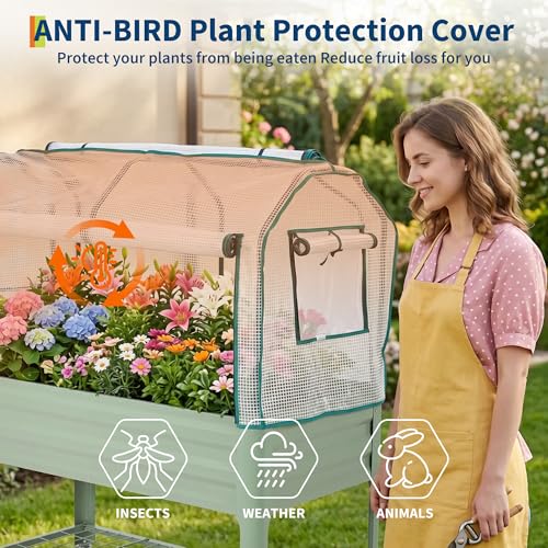 Raised Garden Bed with Cover, Galvanized Metal Elevated Planter Box with Rolling Casters & Extra Bottom Shelf, Raised Planter Box for Backyard, Patio, Balcony, 48x24x56 in, Green by Garvee - Used condition - Image 5