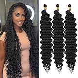 ZRQ Deep Wave Crochet Hair Natural Black 18 Inch 3 Packs Ocean Wave Curly Braiding Hair for Boho Braids Synthetic Curly Crochet Hair For Women #1B