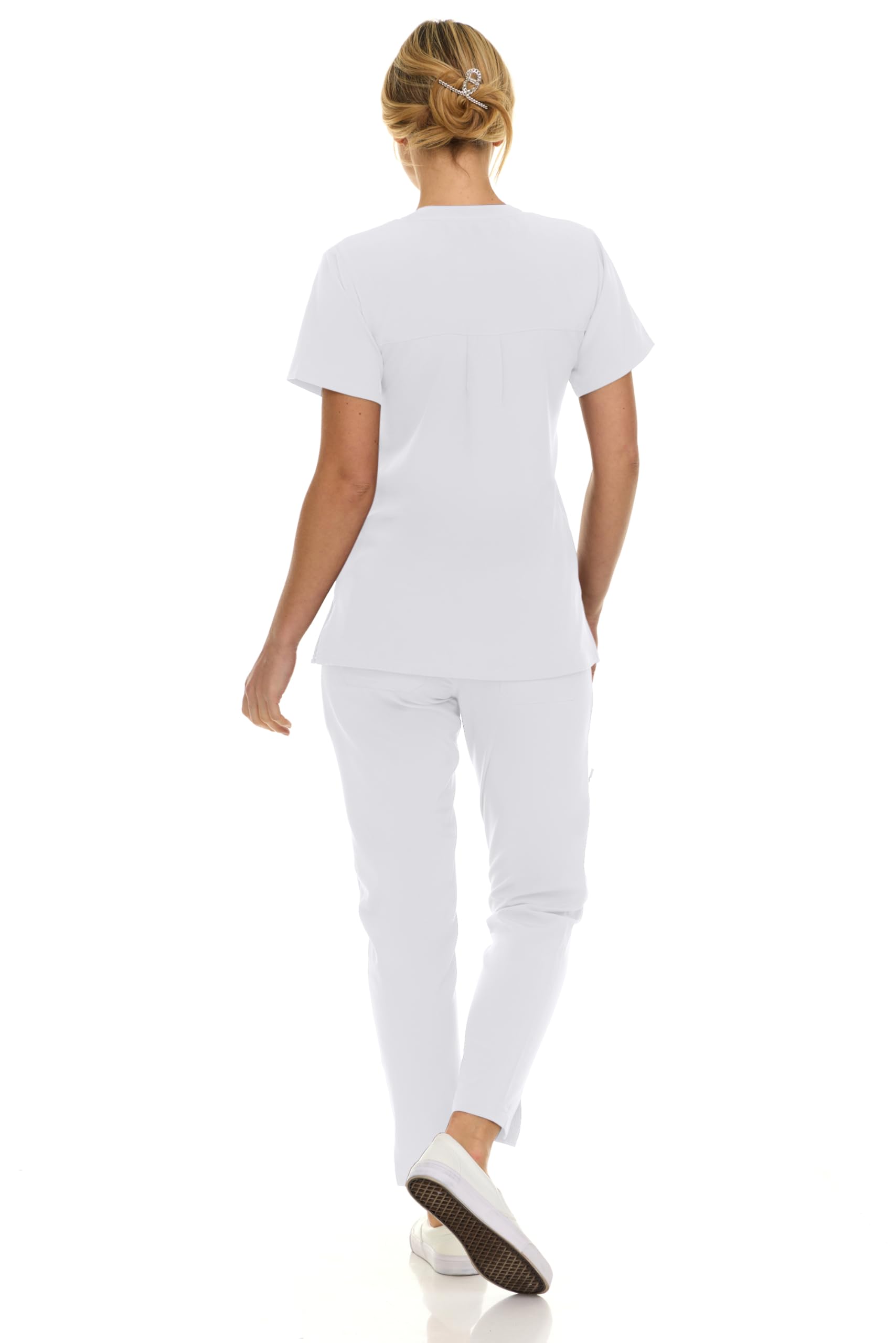 Saint Scrubs Womens 9-Pocket Medical Uniform Set- V-Neck Stretch Top with Tapered Straight Leg Pants, White, Small