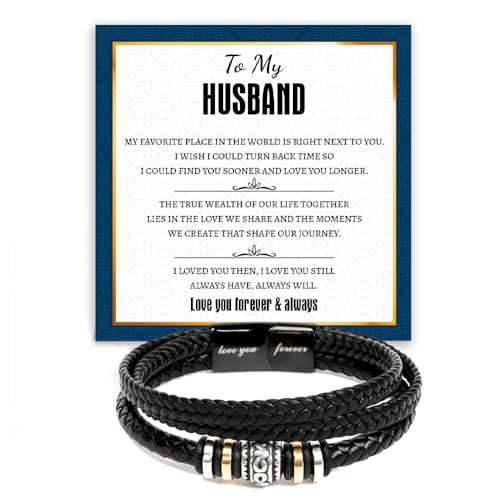 To My Husband Bracelet From Wife, Leather Braided Love You Forever Bracelet Gift For Him Husband Boyfriend, Wedding Valentine Christmas Birthday Gift With Heartfelt Message & Elegant Box For Him