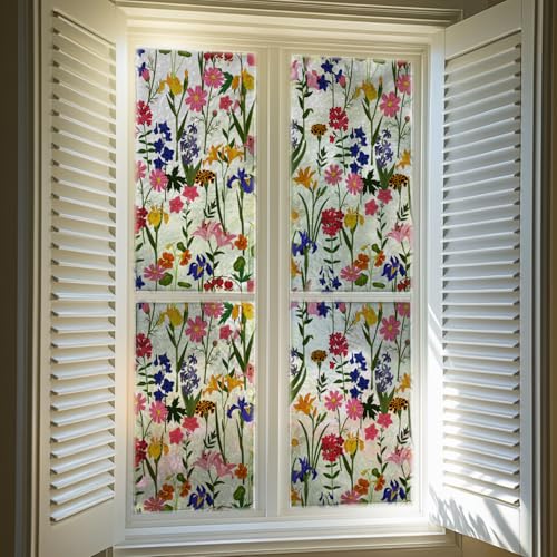 Alwayspon 39.37×16.93inch Non-Adhesive UV Rainbow Window Privacy Film, Wild Flower Stained Glass Window Film, Decorative Static Cling Glass Sticker for Home, Room, Bathroom, Glass Door