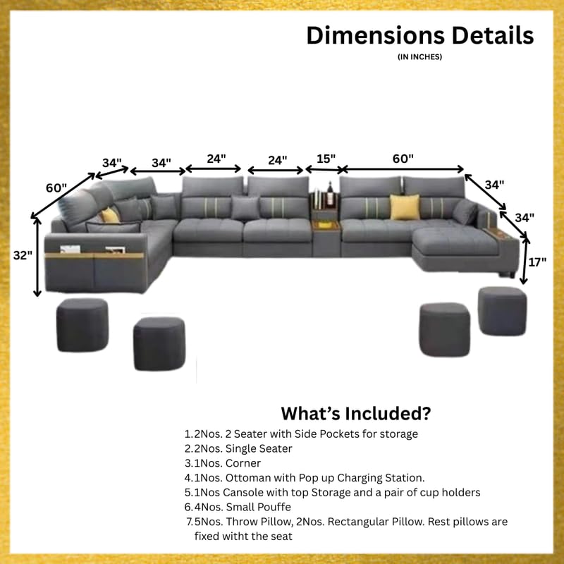 Image of Homax. Rebecca Modular Smart Sofa 12 Seater U Shape - High Back Interchangeable Sectional with Pop-Up USB Charging, Smart Console, Storage, Side Pockets, Modern Living Room Furniture - Dark Grey