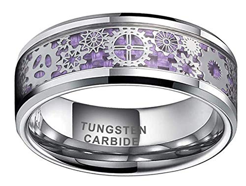 CROWNAL 8mm Silver/Black Tungsten Rings for Men Women Steampunk Gear Wheel Blue/Purple/Green Carbon Fiber Size 6 to 17(8mm Purple,10.5)